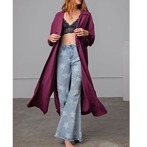 Textured long shirt dress in deep plum. Women’s fit.